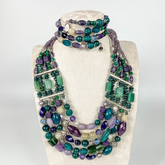 Chico's Jewelry - Chicos Multistrand Green Purple Teal Necklace Bracelet Chunky Statement Mermaid